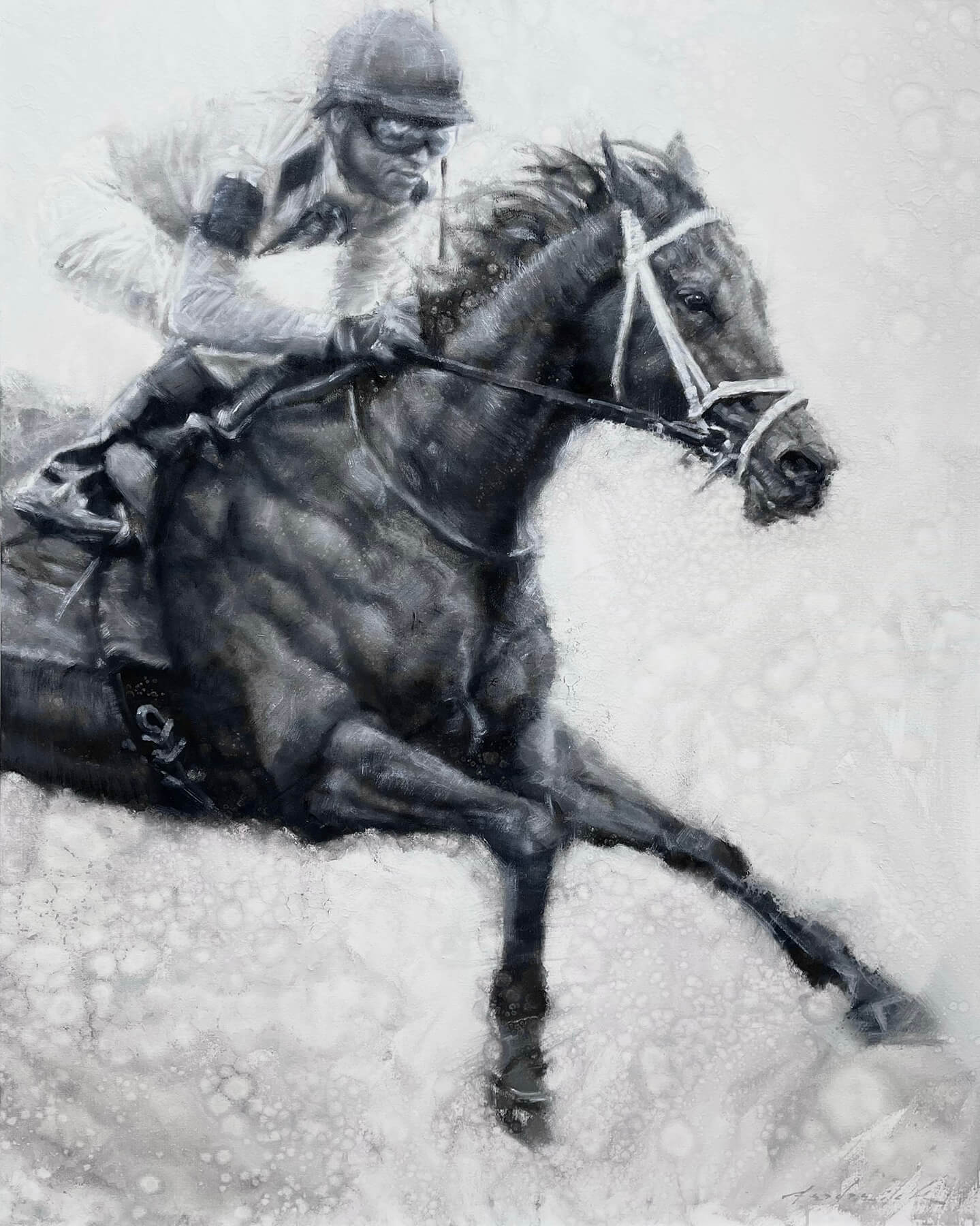 Black and white drawing of a jockey on a horse racing through snow.