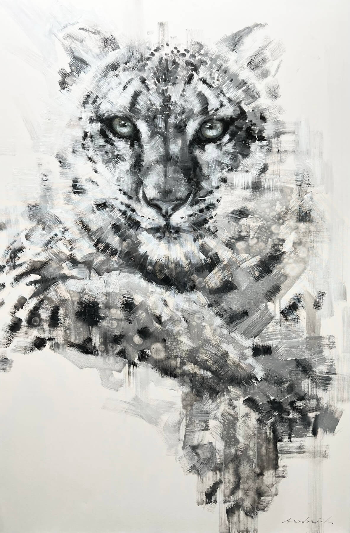 Black and white abstract artwork of a leopard on a light background