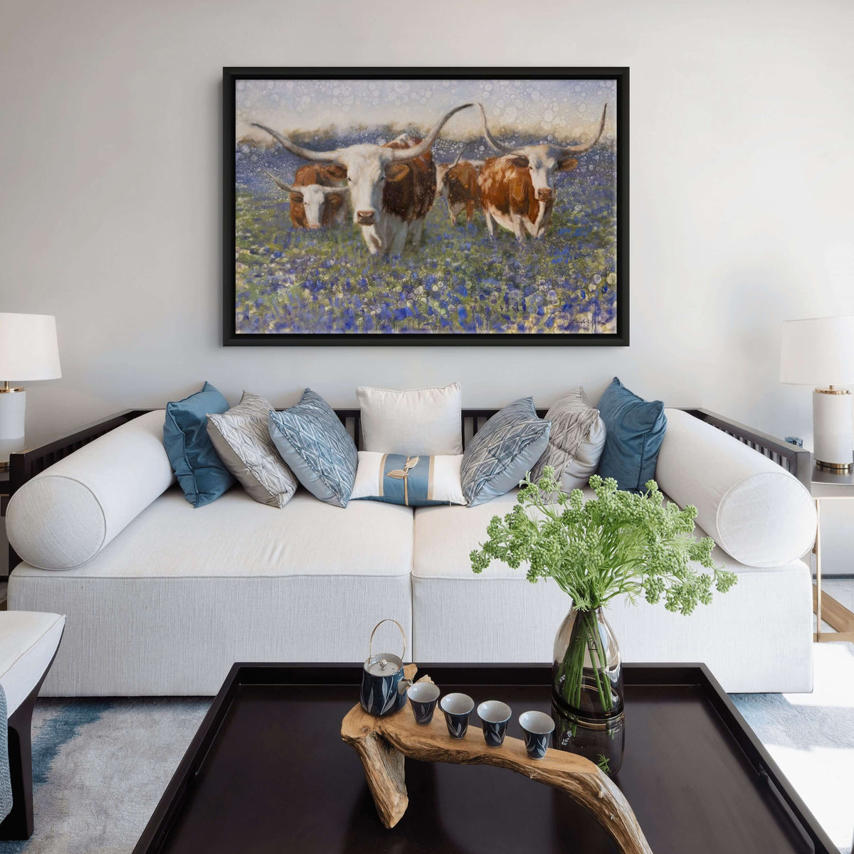 Longhorns in flower field painting by David Riley