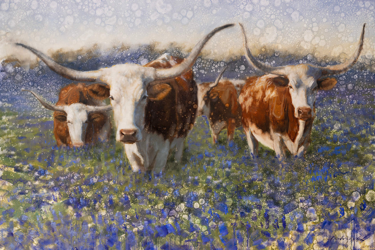 Longhorns in flower field painting by david riley