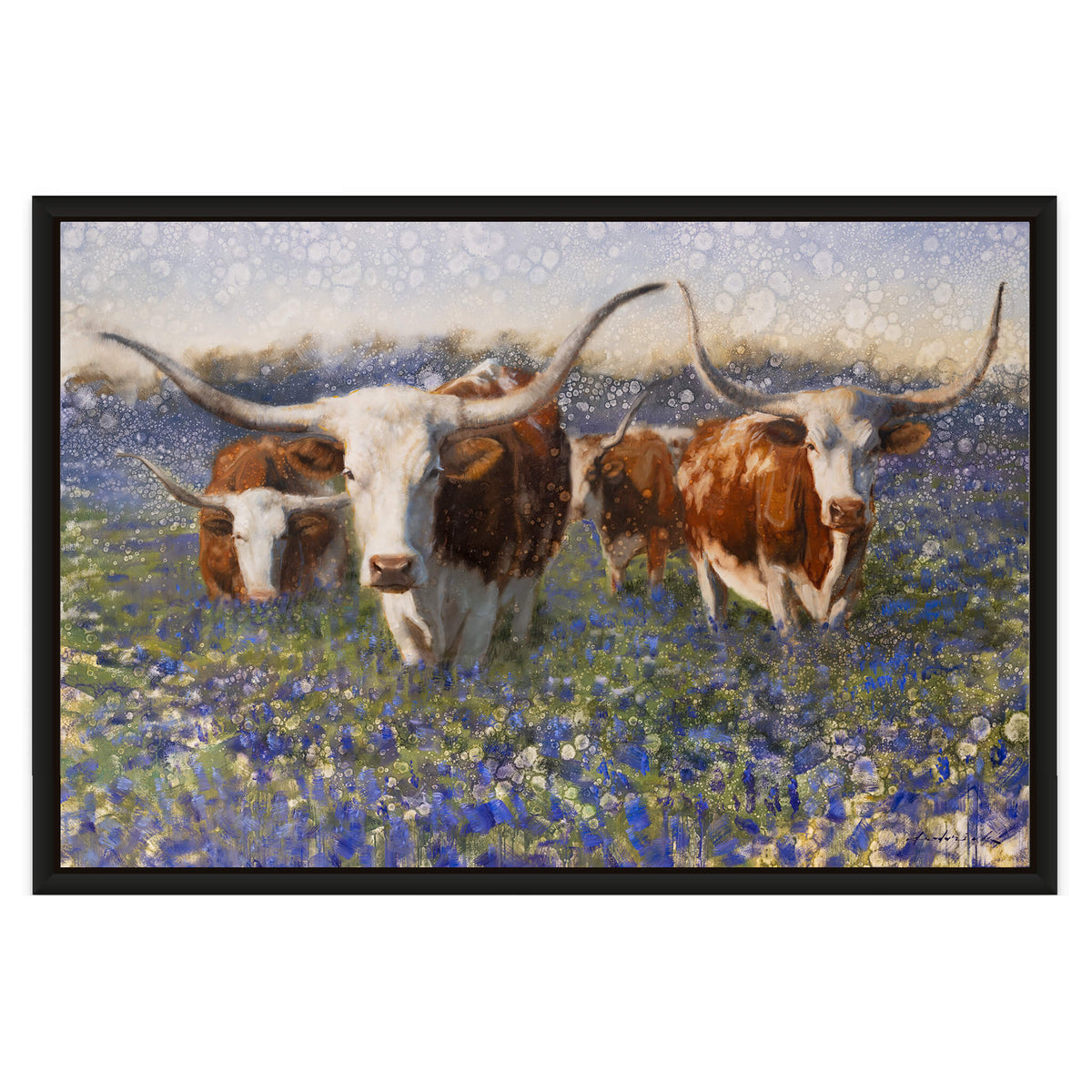Longhorns in flower field painting by David Riley