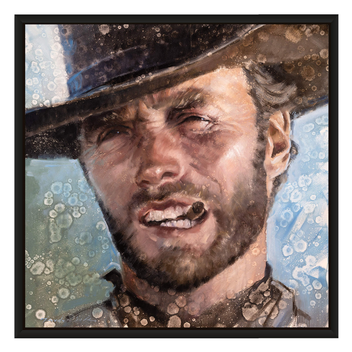 A close-up portrait painting of a man in a dark cowboy hat, rendered with textured brushstrokes and splatter-like paint effects against a blue and white background.