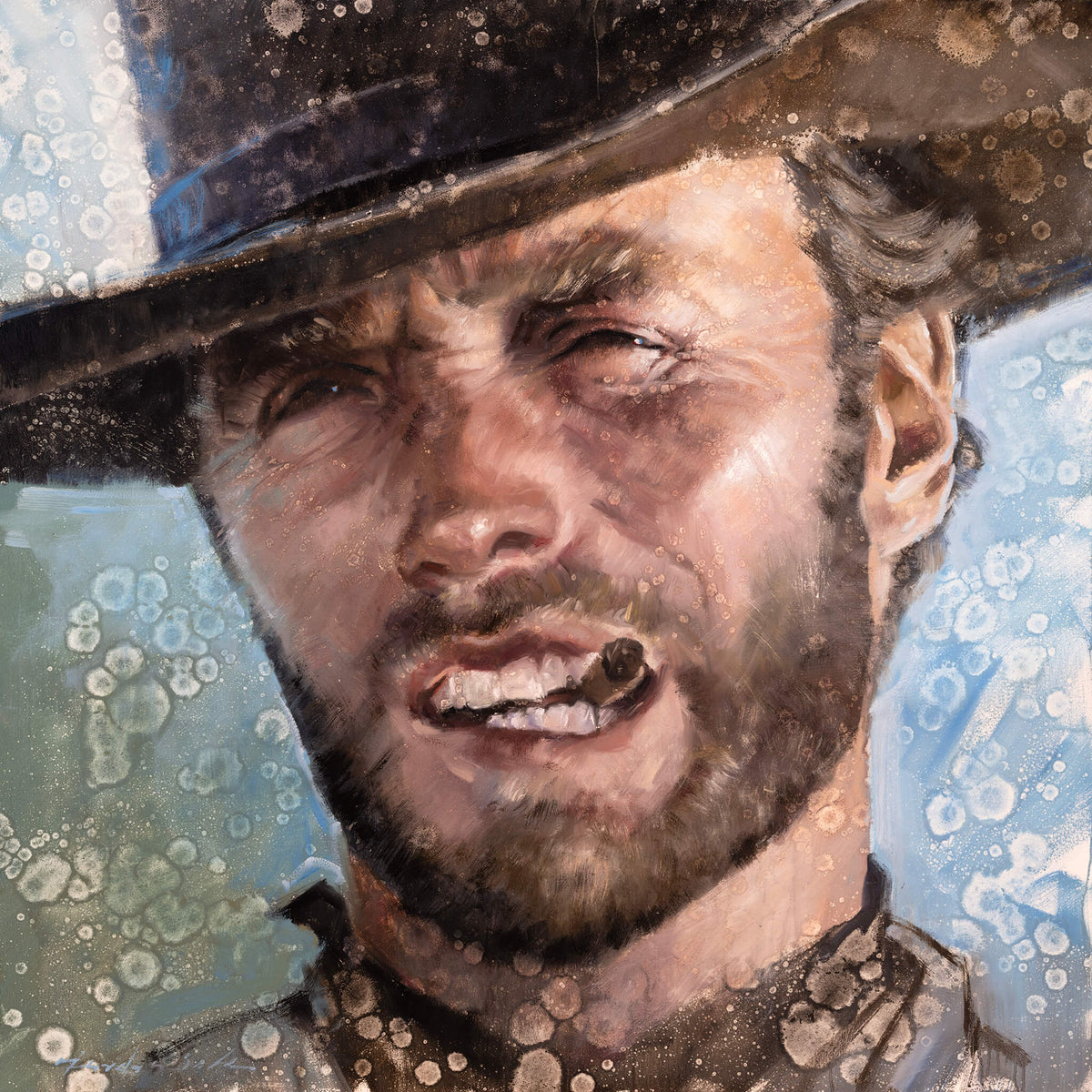 A close-up portrait painting of a man in a dark cowboy hat, rendered with textured brushstrokes and splatter-like paint effects against a blue and white background.