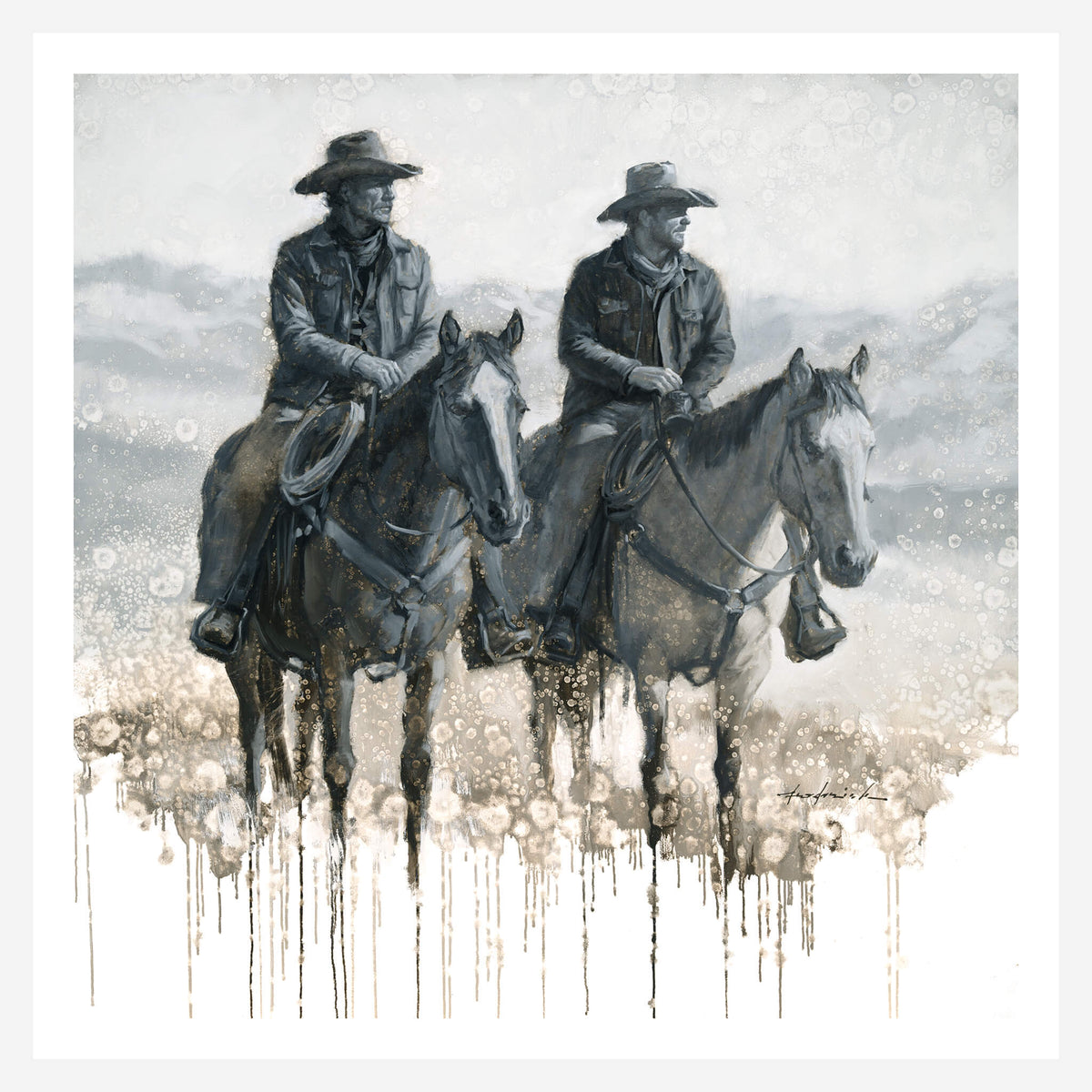 Western art print featuring two cowboys riding horses across a misty landscape, rendered in muted gray, black, and beige tones with a white border.