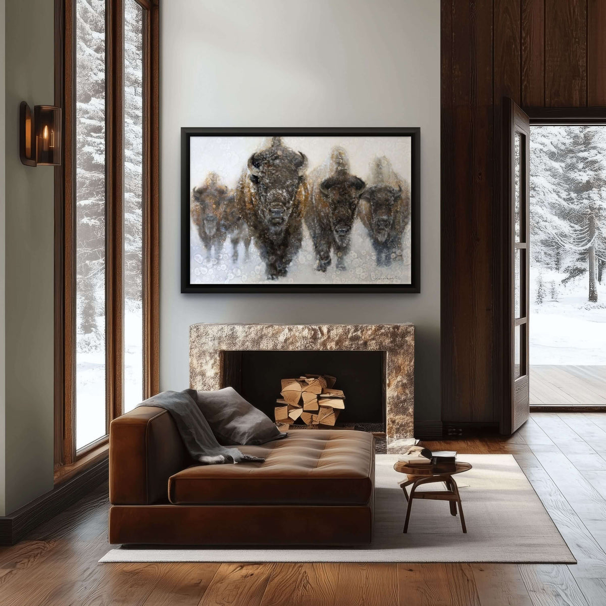 A framed art print depicting a group of bison walking through snow, presented in a black frame against a white background.