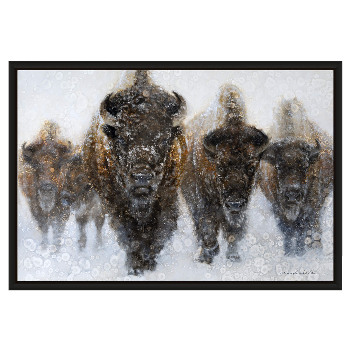 A framed art print depicting a group of bison walking through snow, presented in a black frame against a white background.
