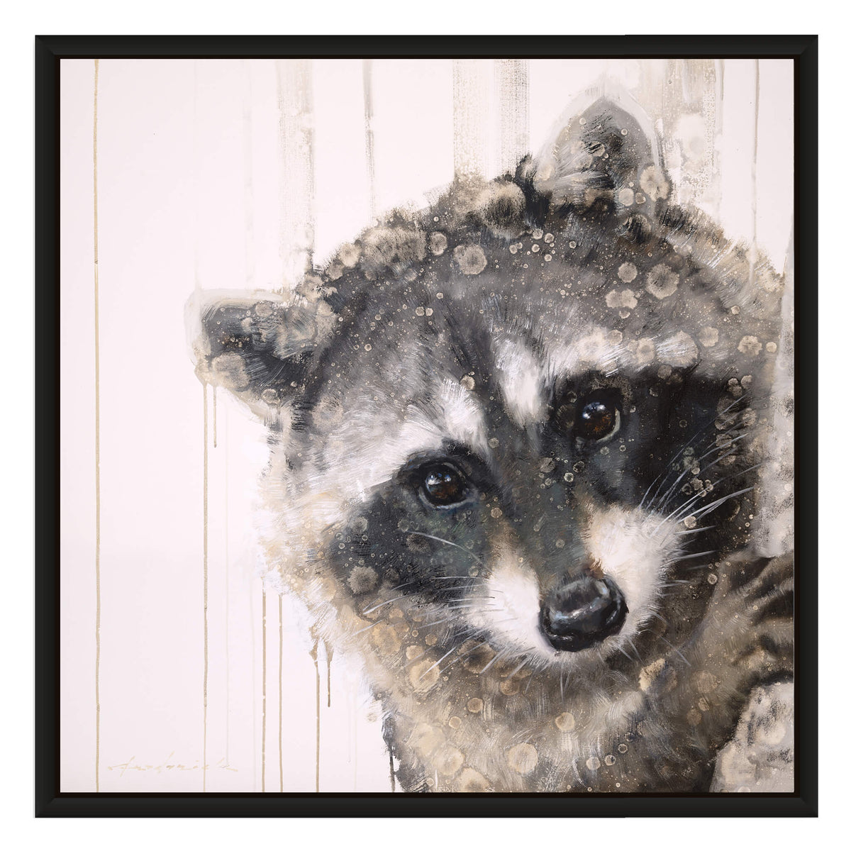 A framed square art print featuring a close-up portrait of a raccoon with a textured, paint-splattered style. The artwork is set against a light cream background with vertical paint drips, enclosed in a simple black frame.