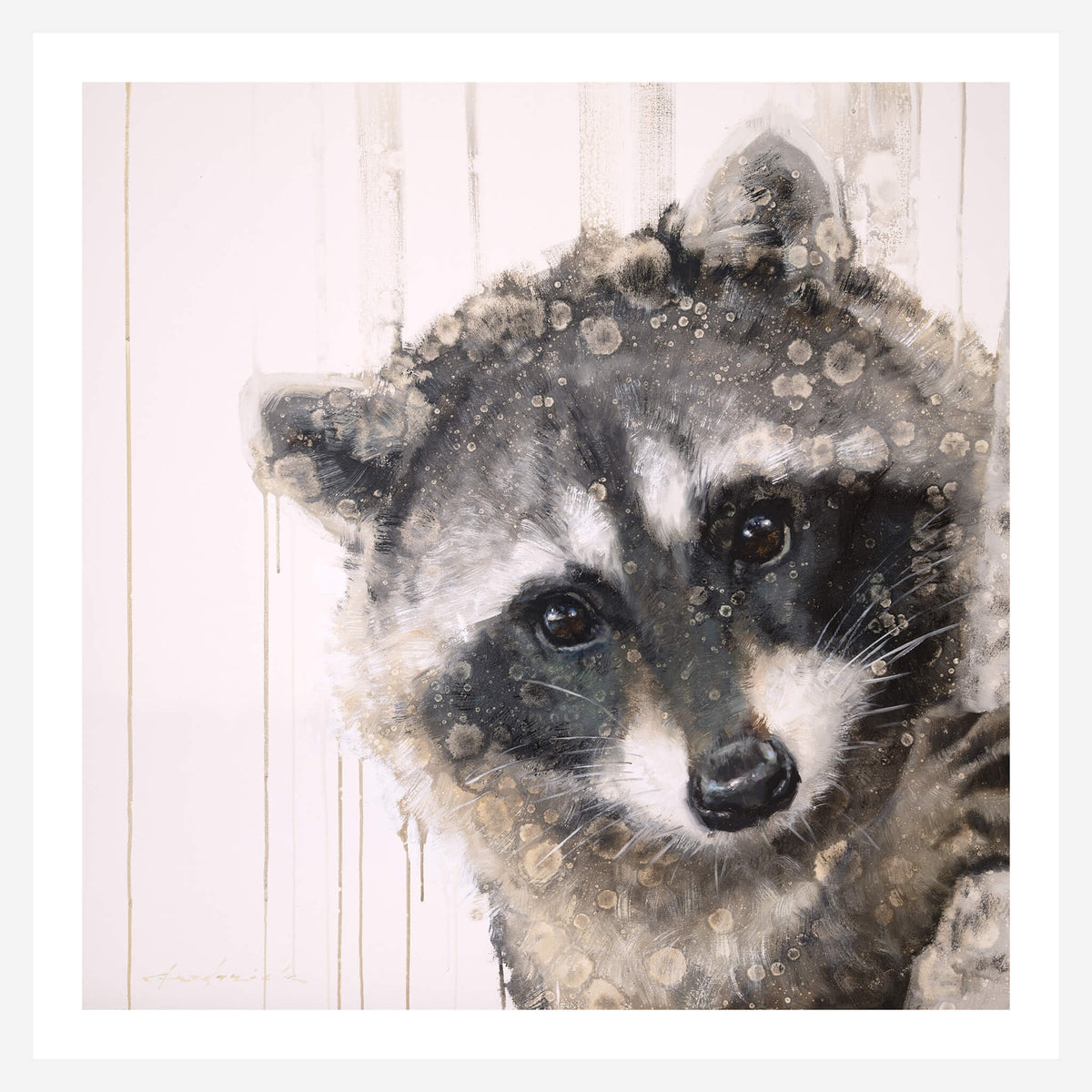 A square art print featuring a close-up portrait of a raccoon overlaid with a textured, paint-dripping effect on a pale pink background, framed by a wide white border.