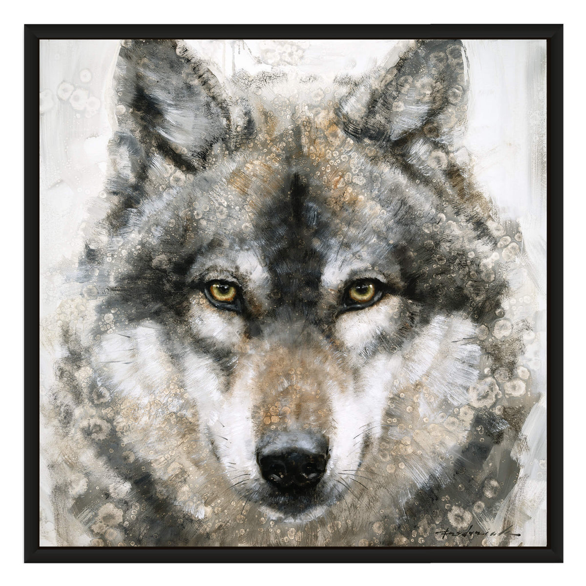A framed square art print featuring a close-up wolf portrait with gray, black, white, and tan fur, yellow eyes, and a black frame on a white background.