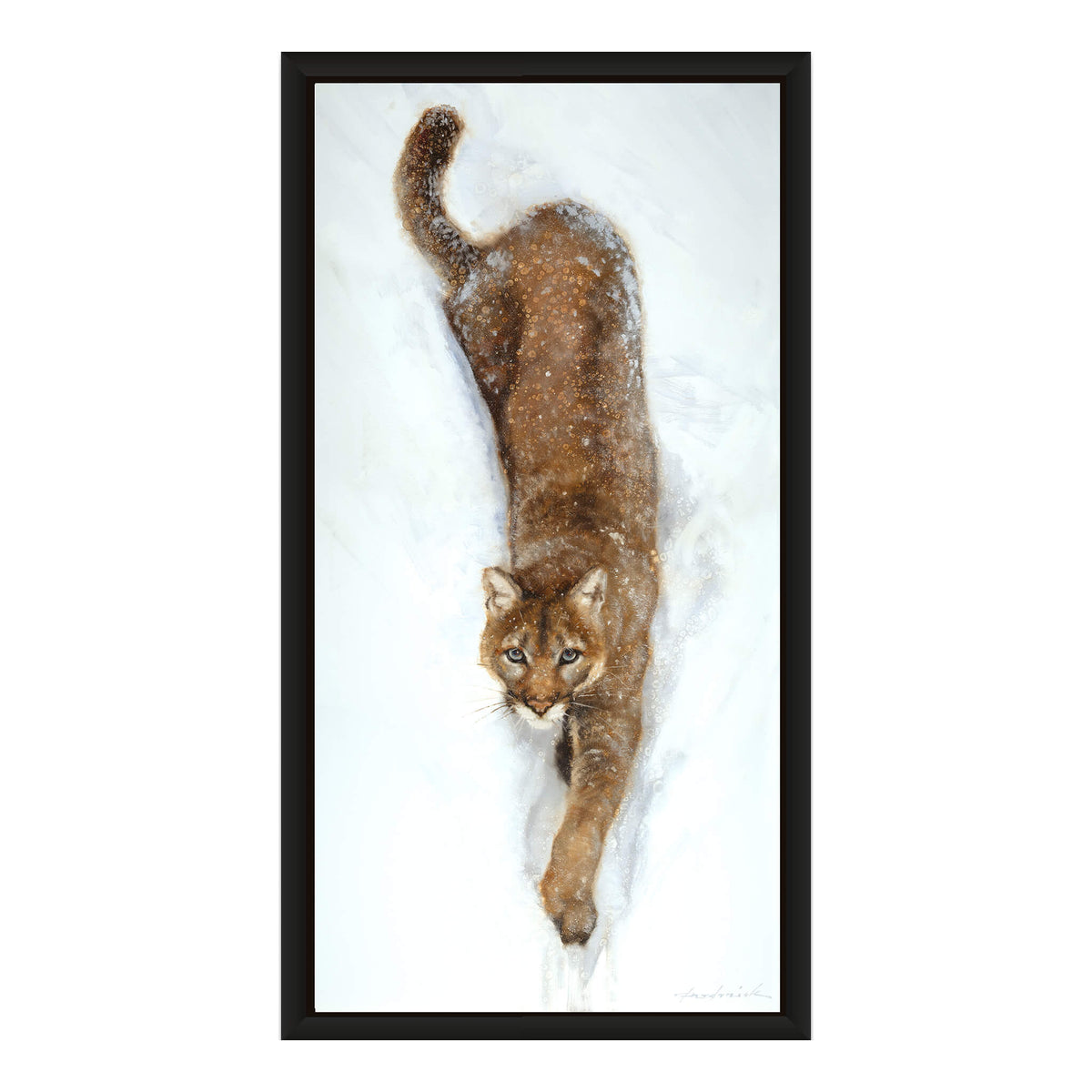 A vertical art print featuring a painted cougar or mountain lion walking through deep snow, centered on a white border against a light gray background.