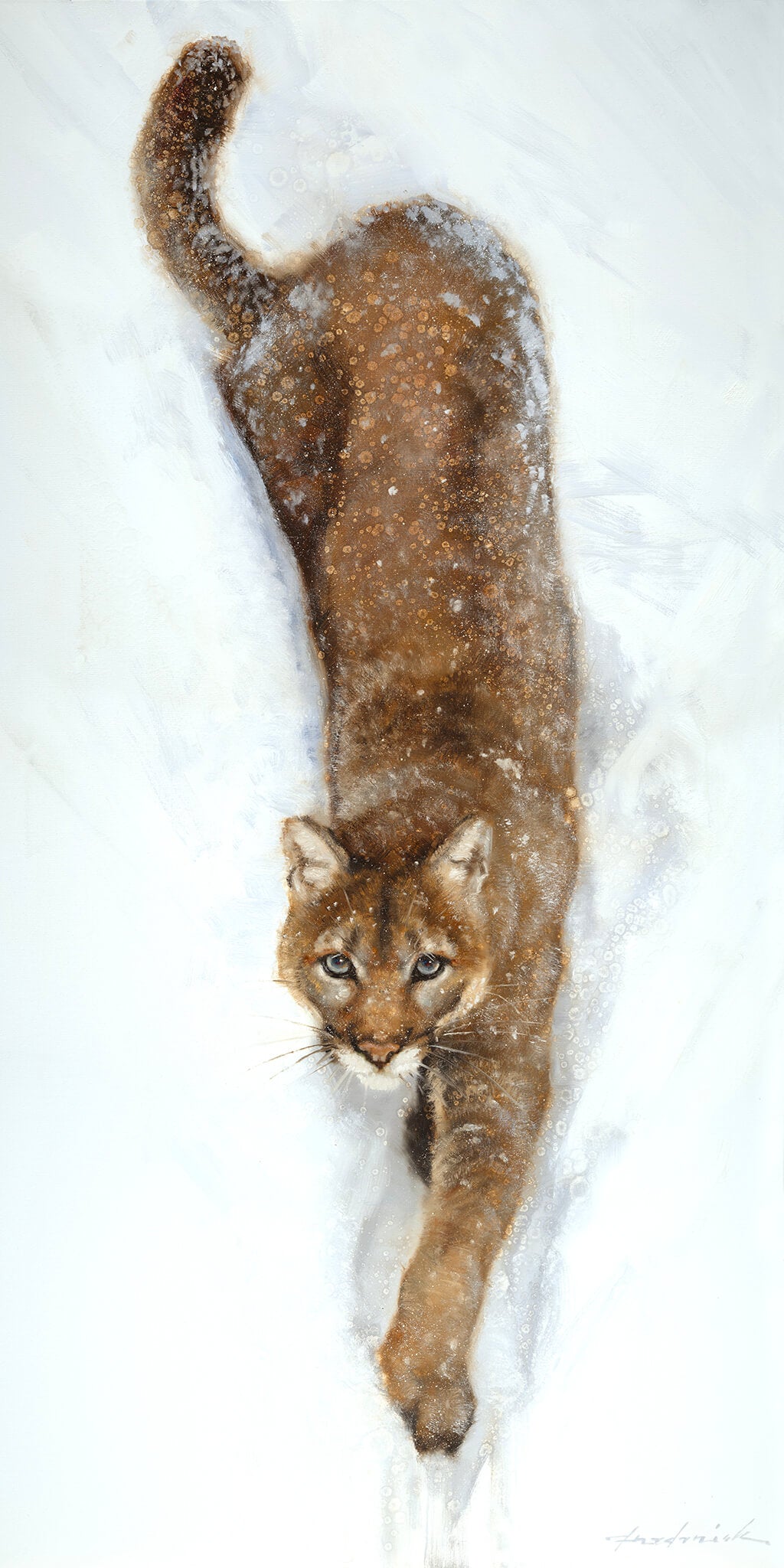 A vertical art print featuring a painted cougar or mountain lion walking through deep snow, centered on a white border against a light gray background.
