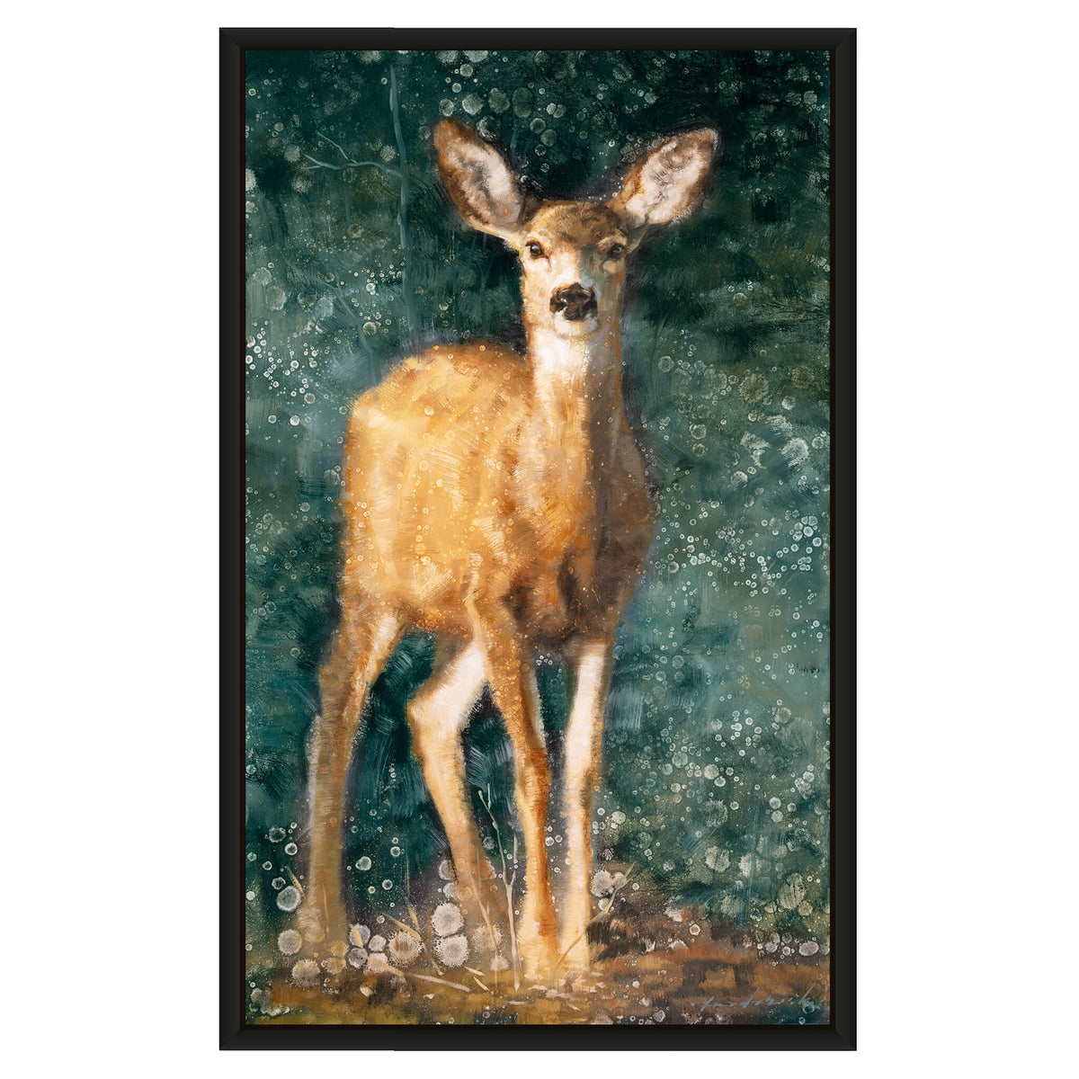 Deer Painting with dark green background by David Riley