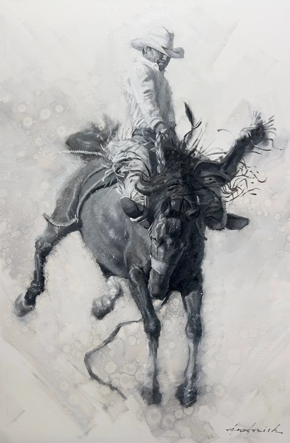 artwork of a cowboy on a bucking horse