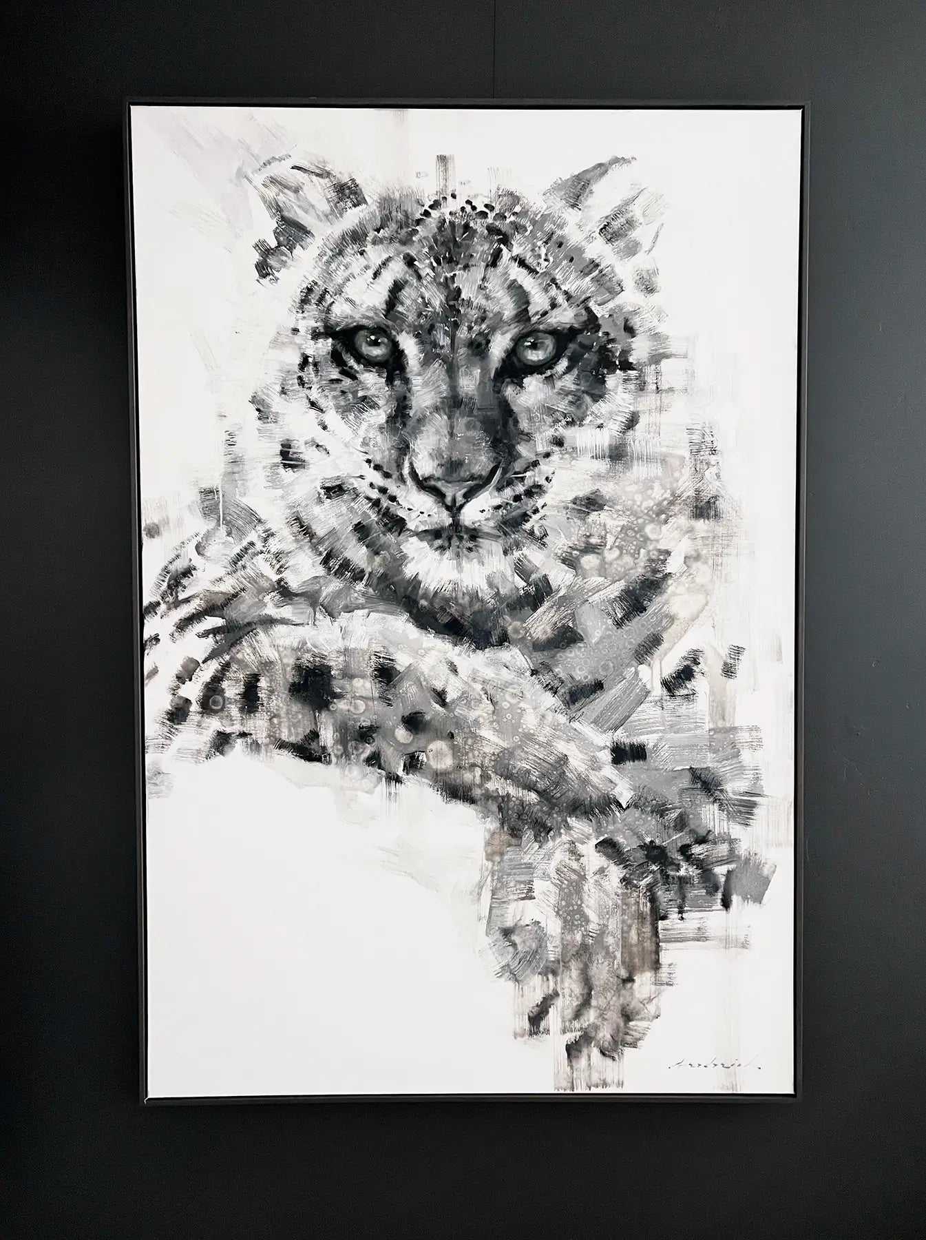 Black and white artwork of a leopard on a light background