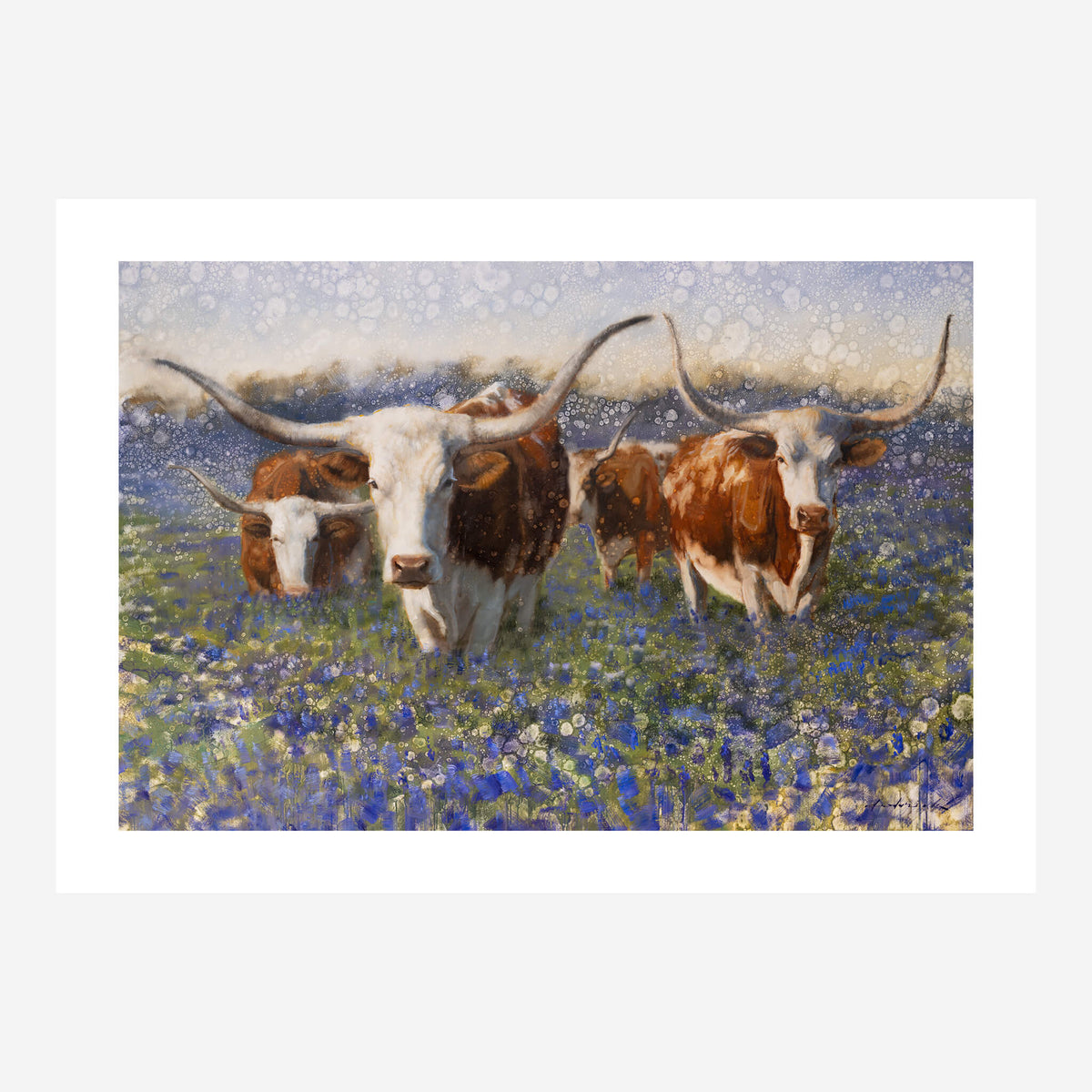 Longhorns in flower field painting by David Riley