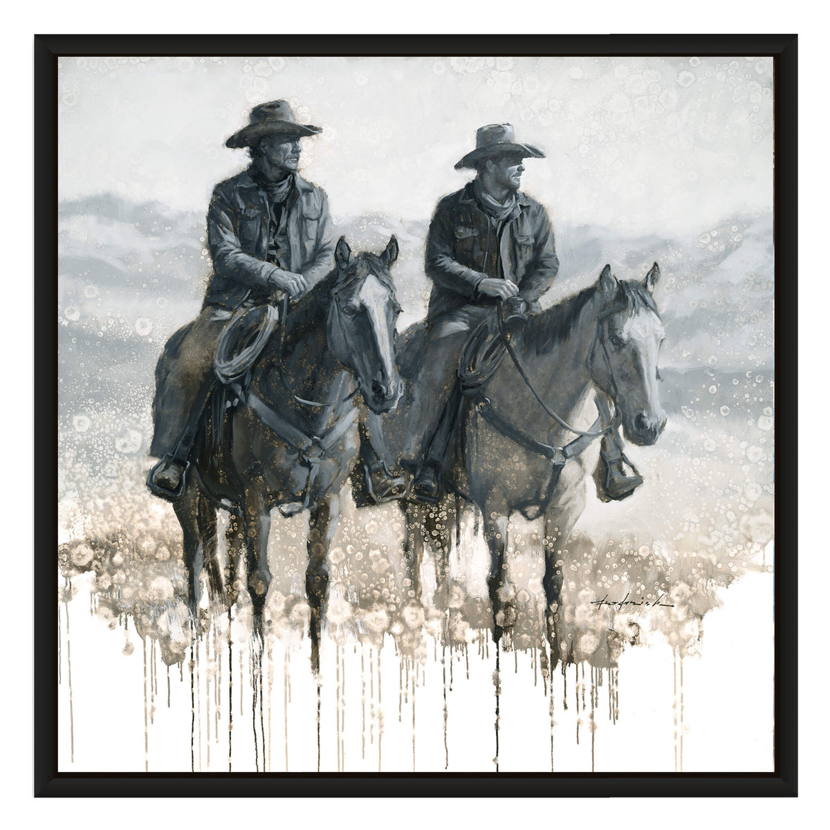 Western art print featuring two cowboys riding horses across a misty landscape, rendered in muted gray, black, and beige tones with a white border.