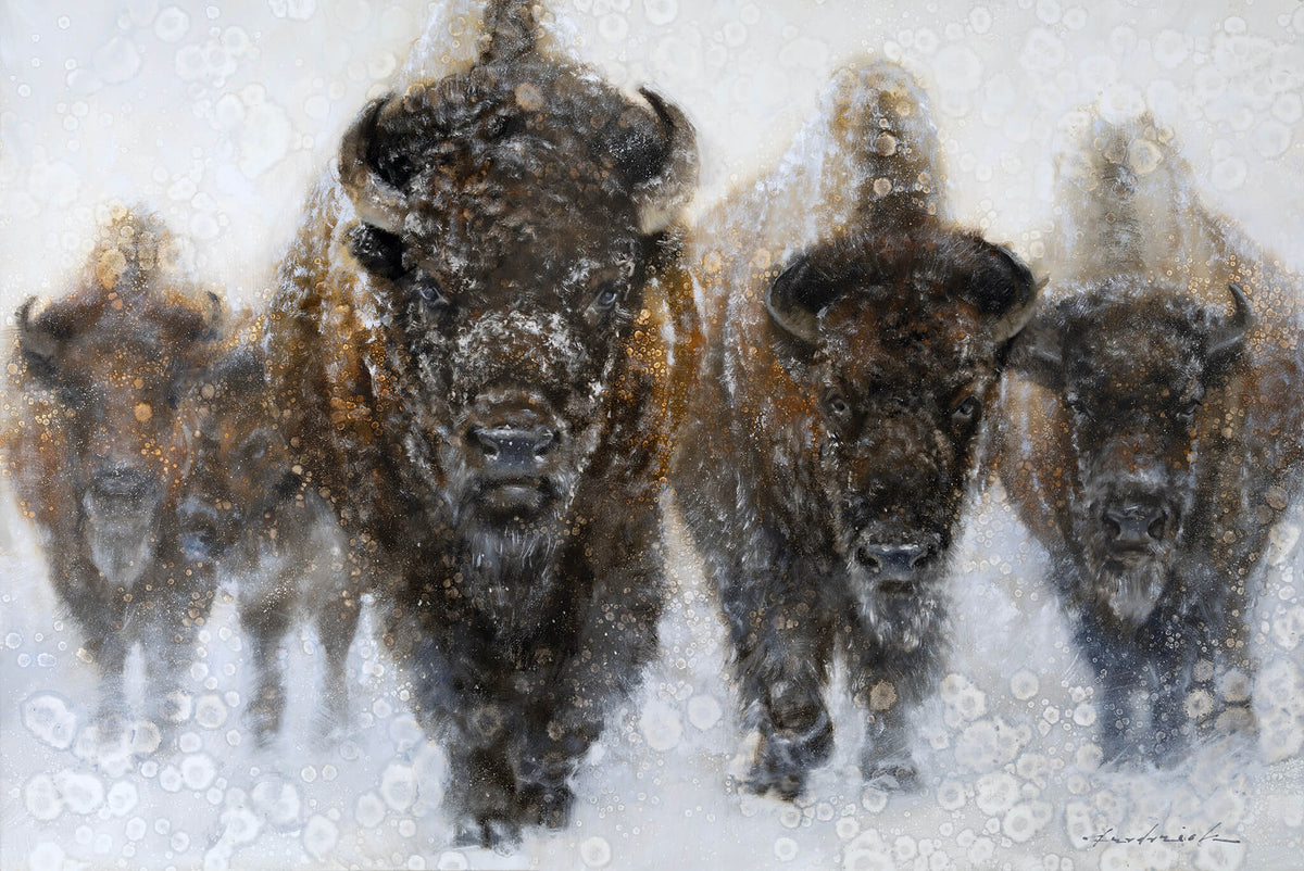 Bison in snow painting by David Riley