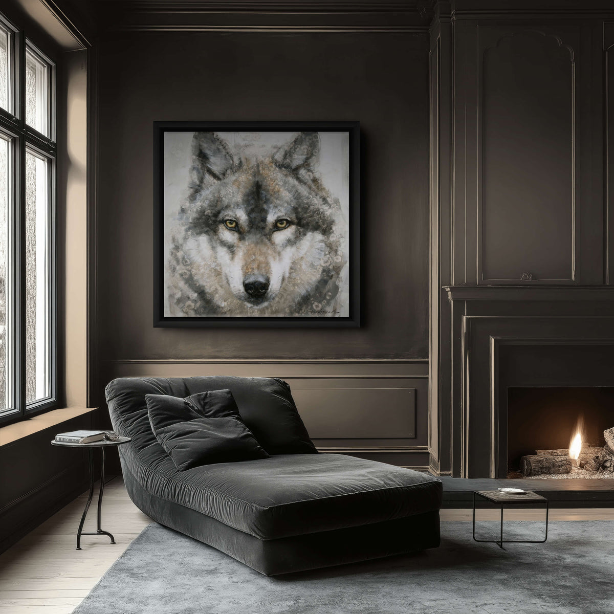 A close-up painted portrait of a wolf's face with gray, black, white, and tan brushwork, plus small circular floral-like marks overlaying the artwork. The wolf's eyes are a warm golden yellow.