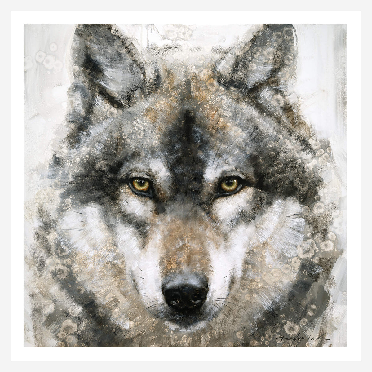 A square art print featuring a close-up portrait of a wolf with striking yellow eyes, rendered in textured gray, black, white, and tan brushstrokes on a light background with subtle floral motifs.