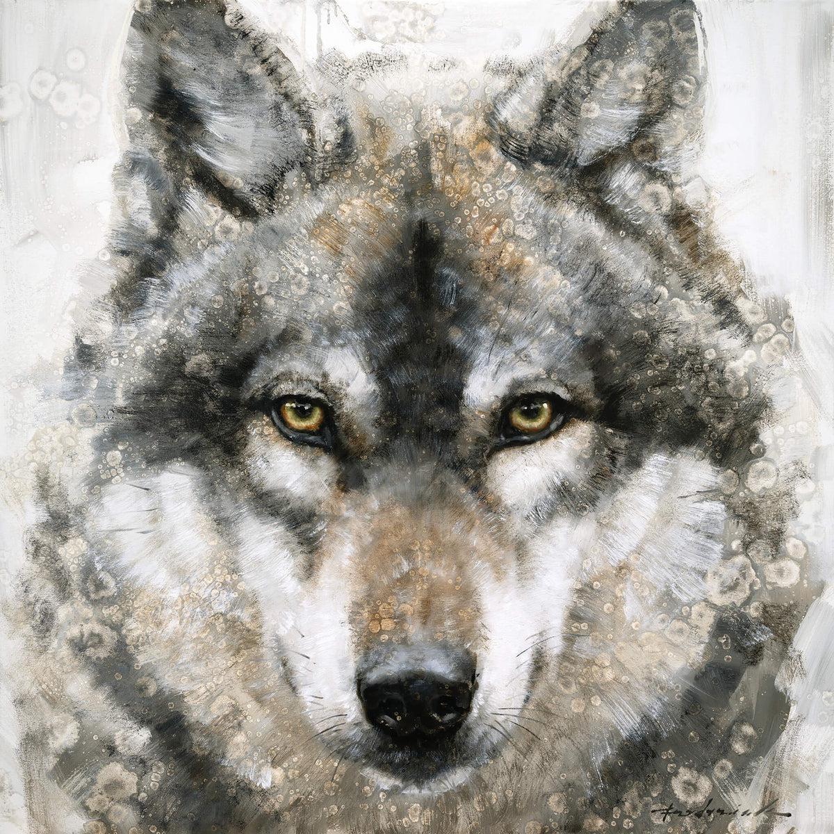 A close-up painted portrait of a wolf's face with gray, black, white, and tan brushwork, plus small circular floral-like marks overlaying the artwork. The wolf's eyes are a warm golden yellow.