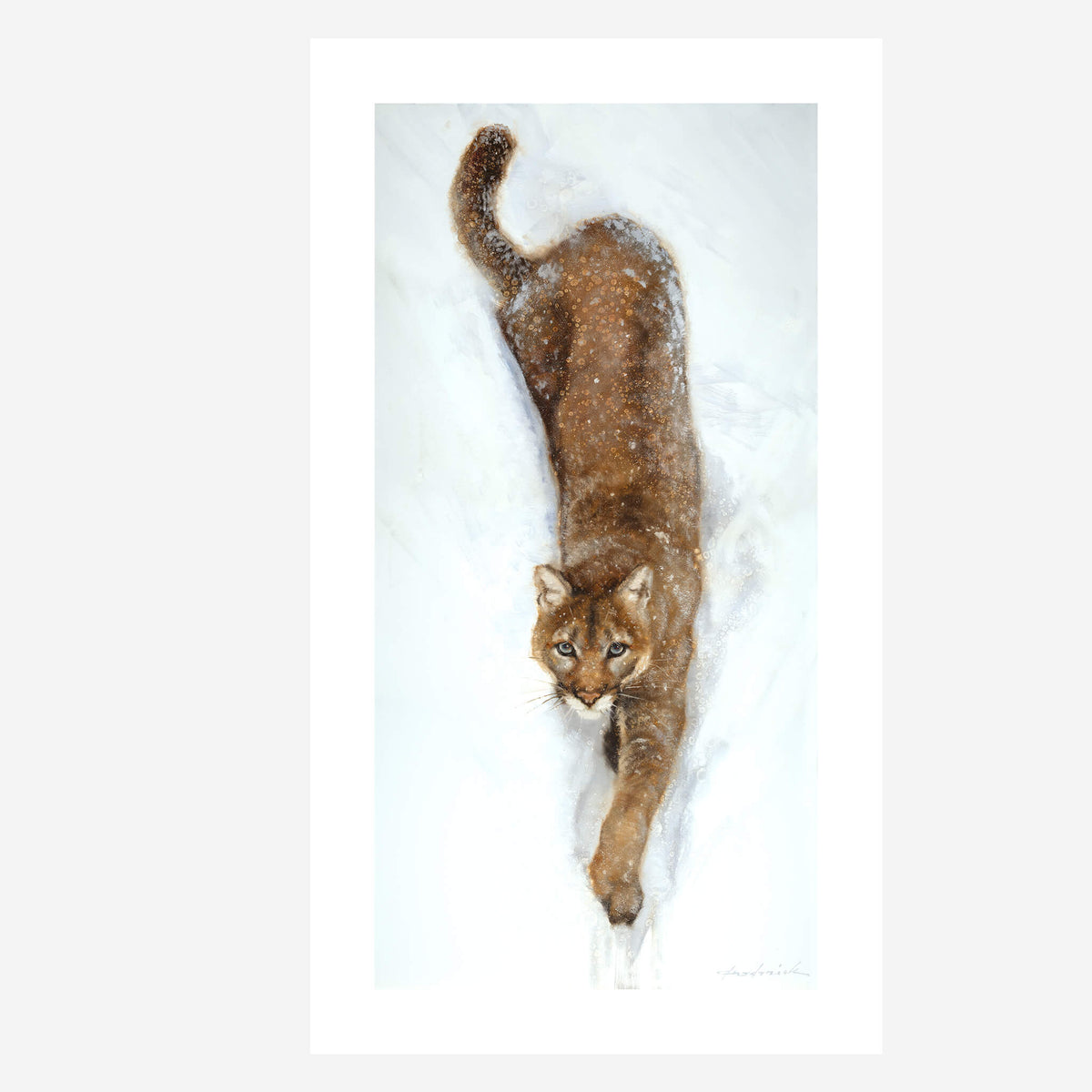 A vertical art print featuring a painted cougar or mountain lion walking through deep snow, centered on a white border against a light gray background.