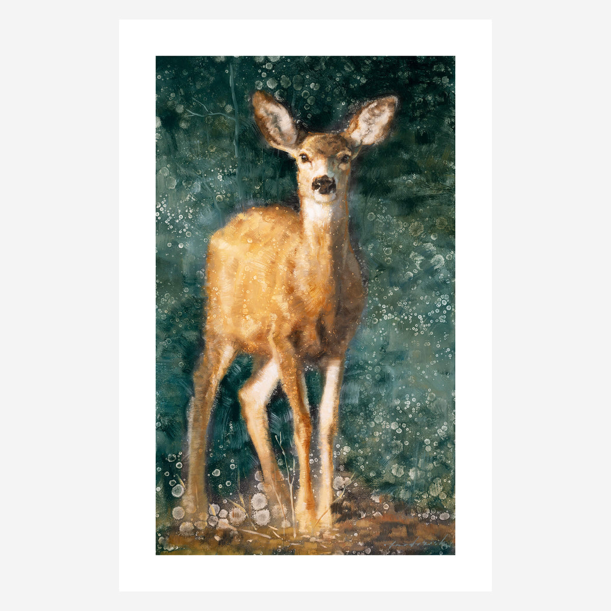 Deer Painting with dark green background by David Riley