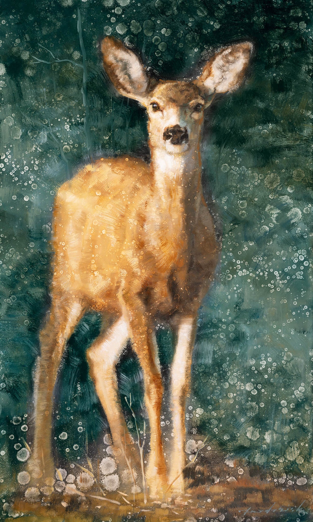 Deer Painting with dark green background by David Riley